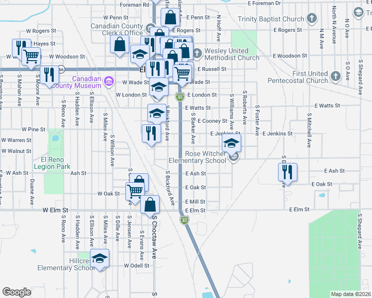 map of restaurants, bars, coffee shops, grocery stores, and more near 821 South Barker Avenue in El Reno