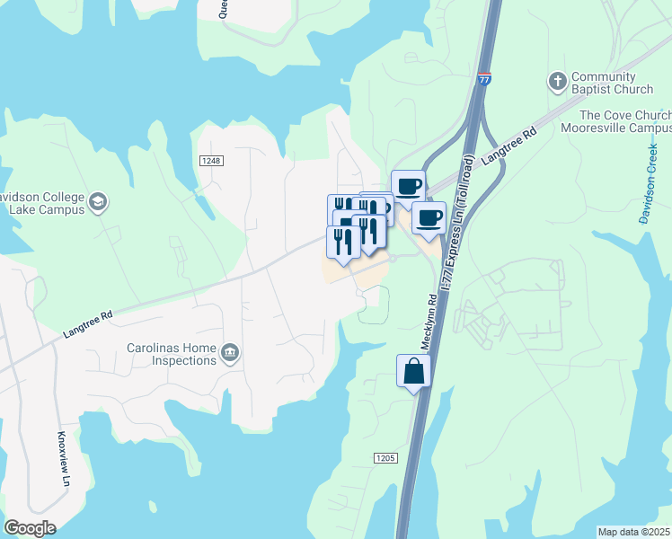 map of restaurants, bars, coffee shops, grocery stores, and more near 161 Village View Drive in Mooresville