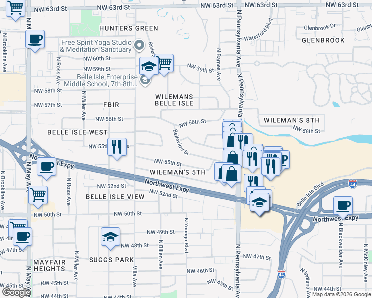 map of restaurants, bars, coffee shops, grocery stores, and more near 2263 Northwest 55th Street in Oklahoma City