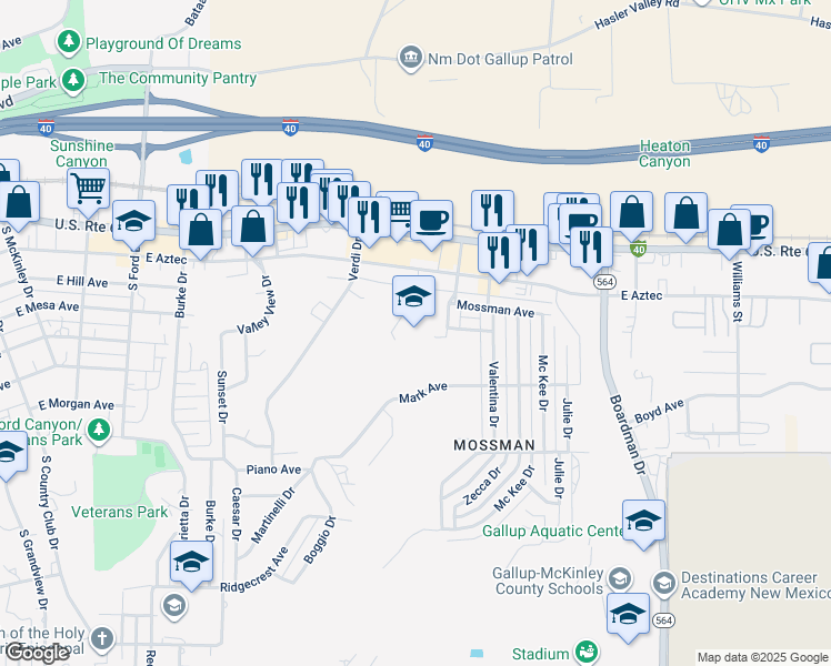 map of restaurants, bars, coffee shops, grocery stores, and more near 300 Mollica Drive in Gallup