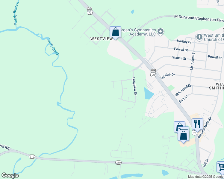 map of restaurants, bars, coffee shops, grocery stores, and more near 104 Greenwood Circle in Smithfield