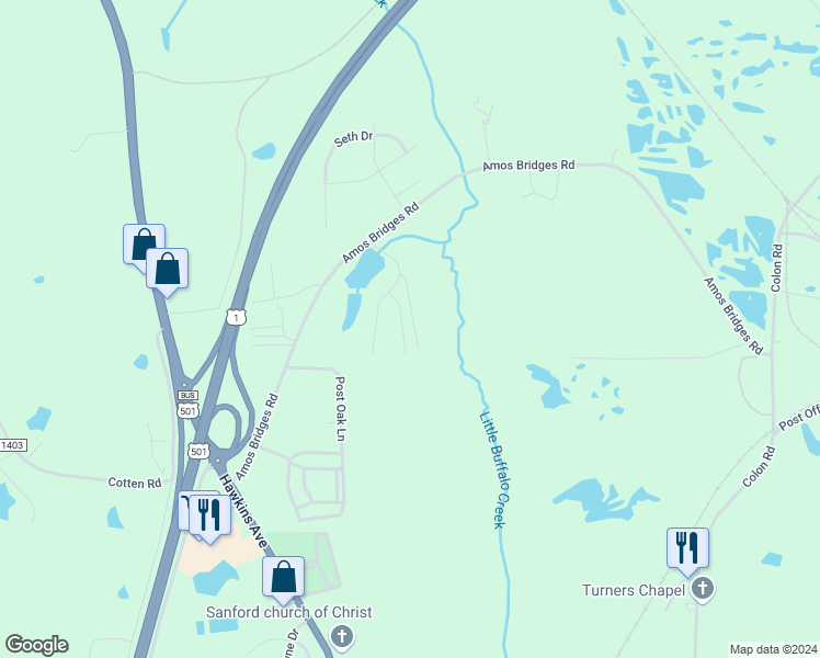 map of restaurants, bars, coffee shops, grocery stores, and more near 2718 Sunnybrook Drive in Sanford