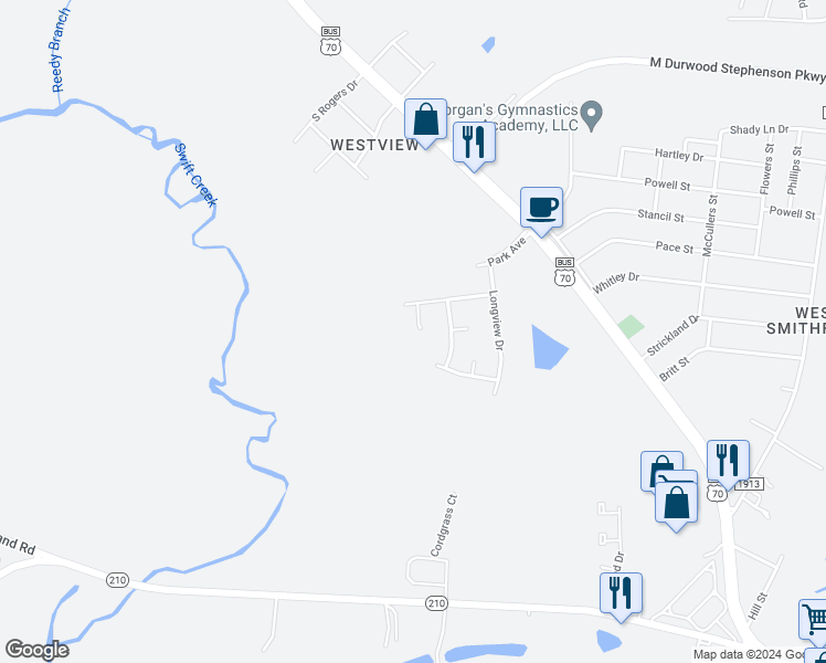 map of restaurants, bars, coffee shops, grocery stores, and more near 104 Greenwood Circle in Smithfield