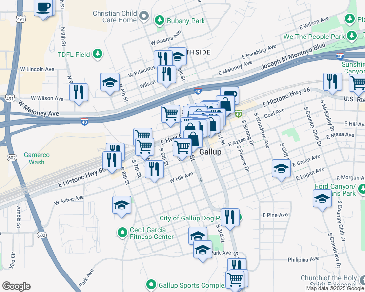 map of restaurants, bars, coffee shops, grocery stores, and more near 306 West Coal Avenue in Gallup