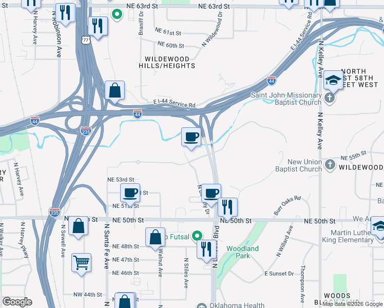 map of restaurants, bars, coffee shops, grocery stores, and more near 525 Central Park Drive in Oklahoma City