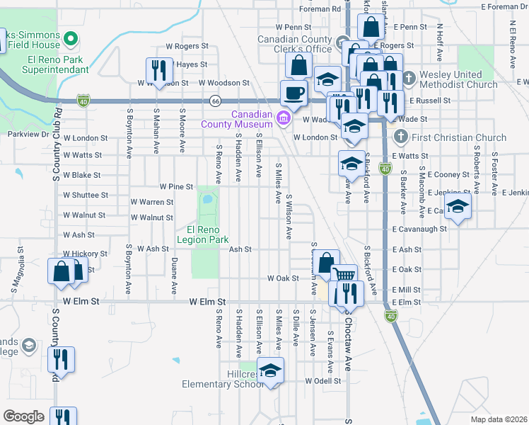 map of restaurants, bars, coffee shops, grocery stores, and more near 614 South Ellison Avenue in El Reno