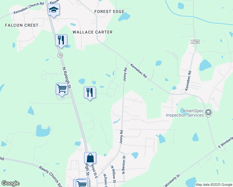 map of restaurants, bars, coffee shops, grocery stores, and more near 76 Charlie Circle in Angier