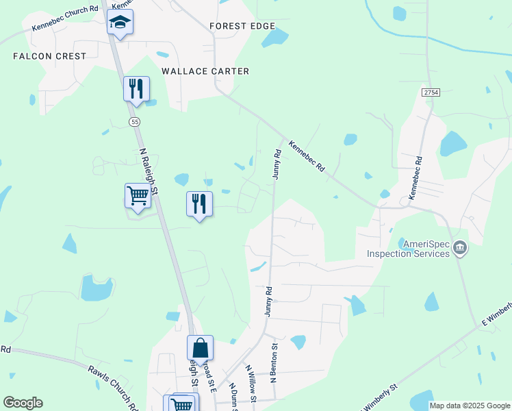 map of restaurants, bars, coffee shops, grocery stores, and more near 76 Charlie Circle in Angier