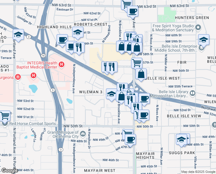map of restaurants, bars, coffee shops, grocery stores, and more near 3025 Northwest Expressway in Oklahoma City