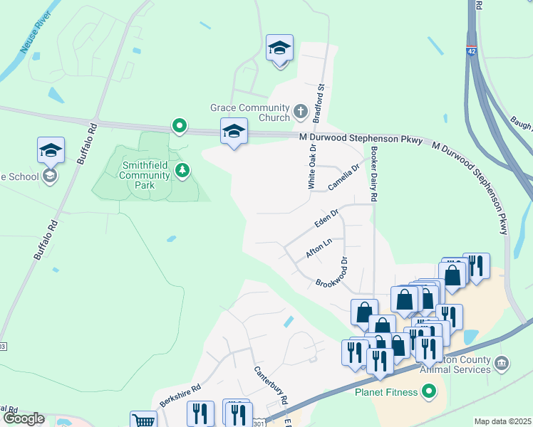 map of restaurants, bars, coffee shops, grocery stores, and more near 55 White Oak Drive in Smithfield