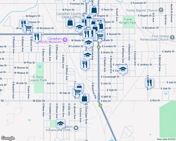 map of restaurants, bars, coffee shops, grocery stores, and more near 711 South Choctaw Avenue in El Reno