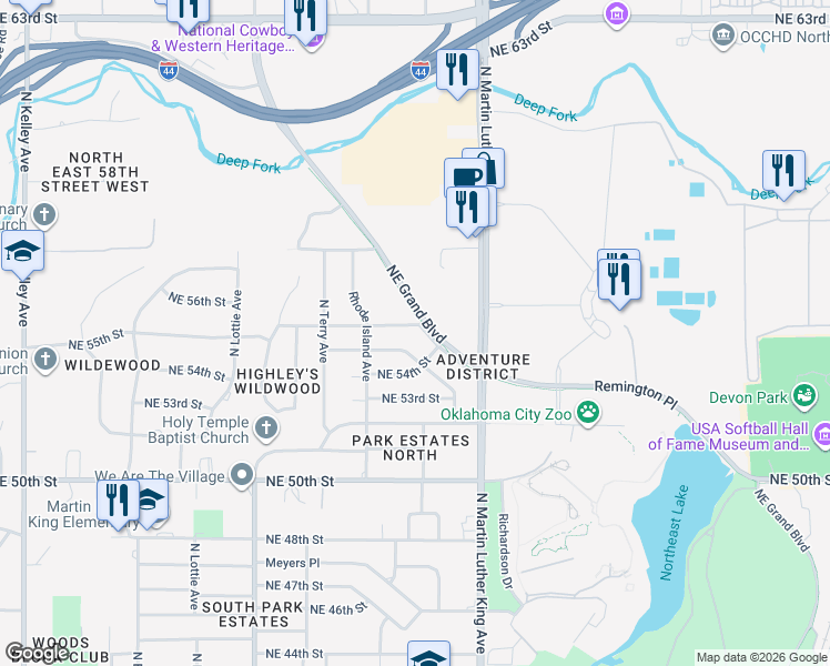 map of restaurants, bars, coffee shops, grocery stores, and more near 1829 Northeast 56th Street in Oklahoma City