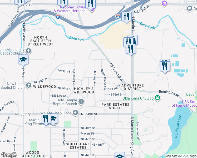 map of restaurants, bars, coffee shops, grocery stores, and more near 1709 Northeast 56th Street in Oklahoma City
