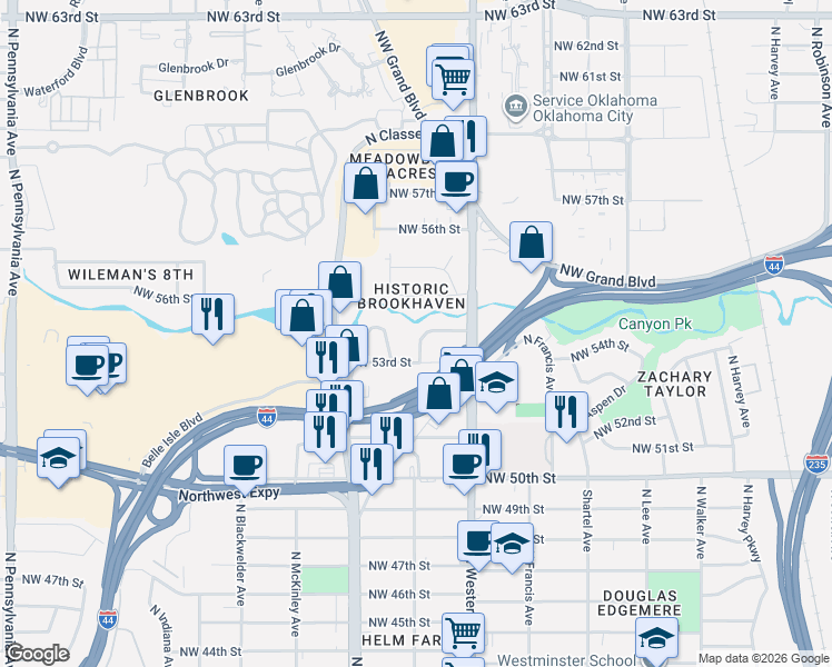 map of restaurants, bars, coffee shops, grocery stores, and more near 1115 Lombardy Road in Oklahoma City