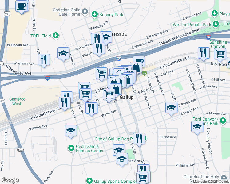map of restaurants, bars, coffee shops, grocery stores, and more near 228 West Coal Avenue in Gallup