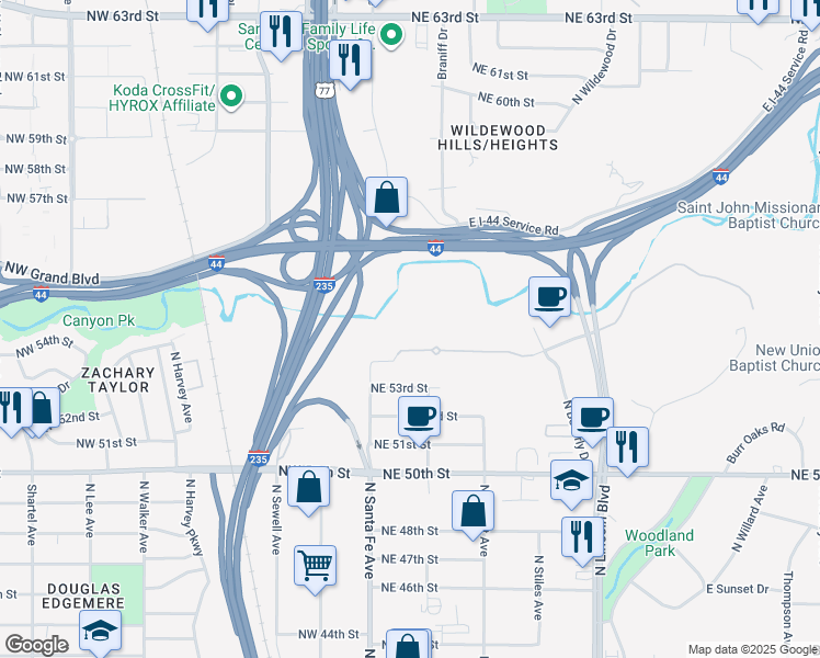 map of restaurants, bars, coffee shops, grocery stores, and more near 101 Northeast 53rd Street in Oklahoma City