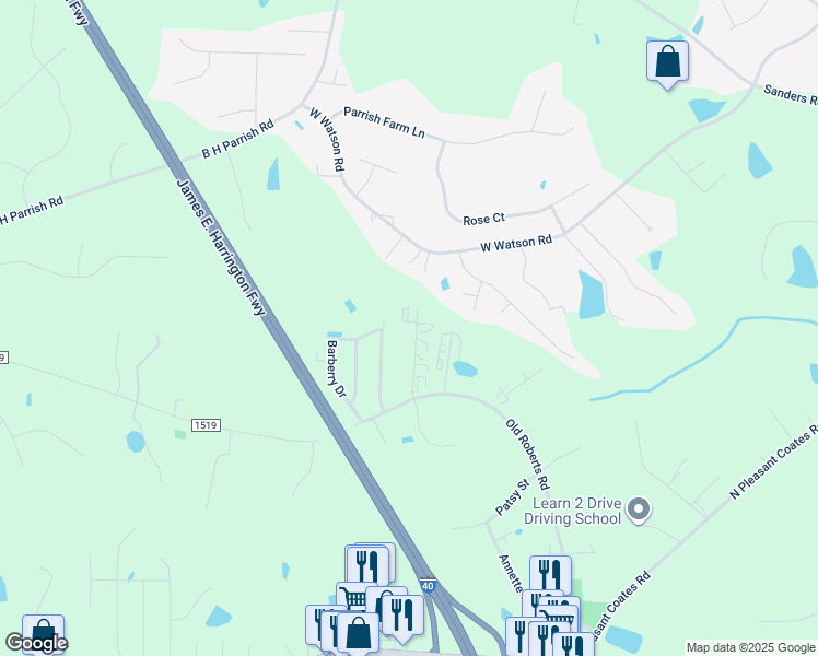 map of restaurants, bars, coffee shops, grocery stores, and more near 153 Last Cast Drive in Benson