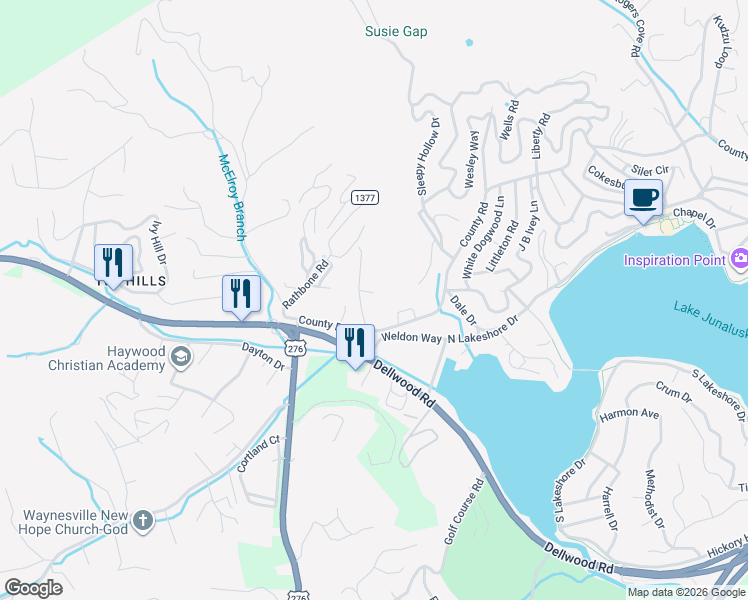 map of restaurants, bars, coffee shops, grocery stores, and more near 100 Noland Downs Road in Waynesville