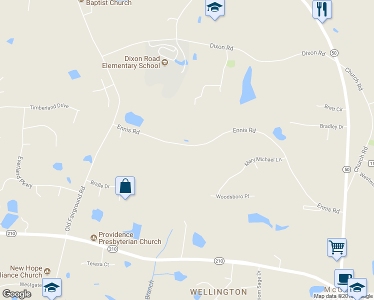 map of restaurants, bars, coffee shops, grocery stores, and more near 955 Ennis Road in Angier
