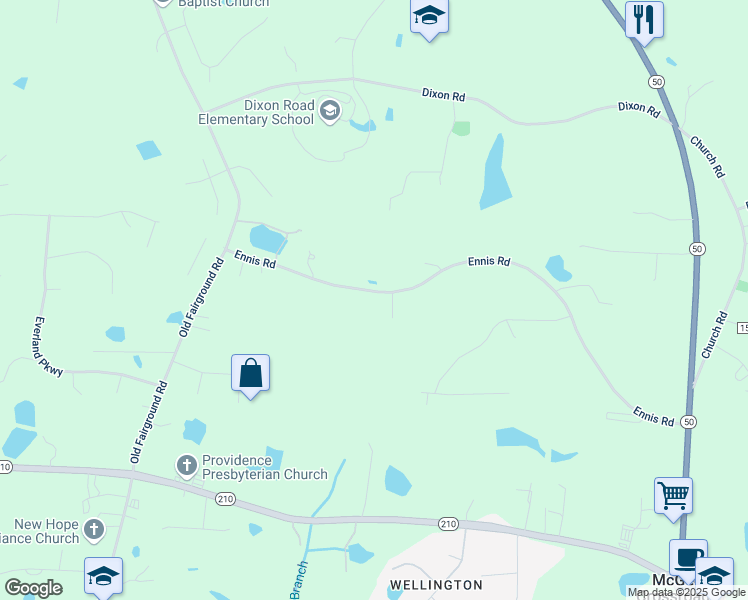 map of restaurants, bars, coffee shops, grocery stores, and more near 955 Ennis Road in Angier