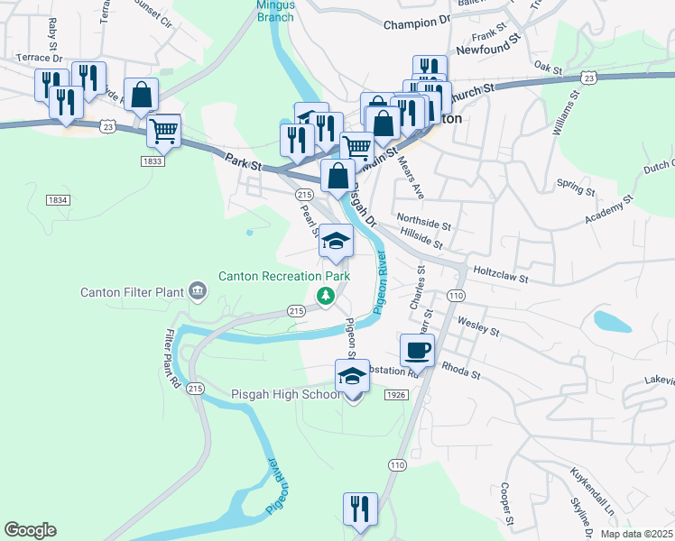 map of restaurants, bars, coffee shops, grocery stores, and more near 60 Penland Street in Canton