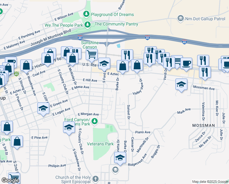 map of restaurants, bars, coffee shops, grocery stores, and more near 1001-1099 East Mesa Avenue in Gallup