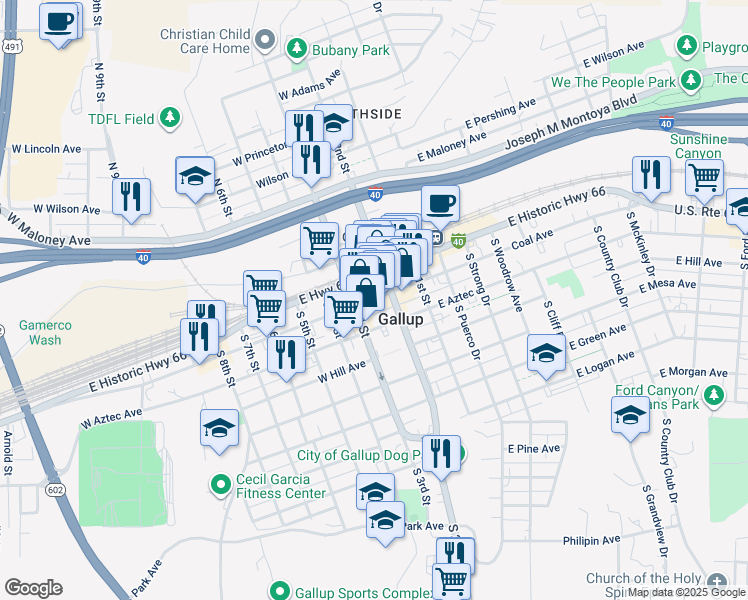 map of restaurants, bars, coffee shops, grocery stores, and more near in Gallup