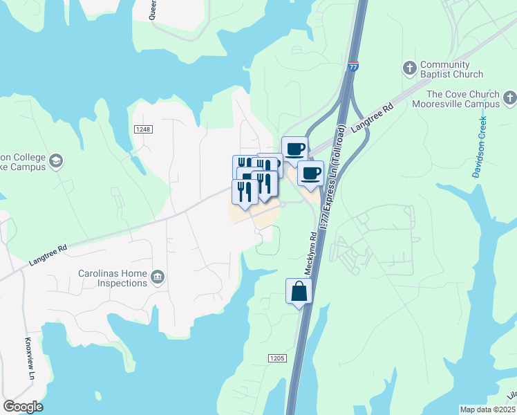 map of restaurants, bars, coffee shops, grocery stores, and more near 453 Langtree Road in Mooresville