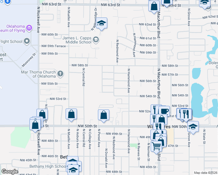 map of restaurants, bars, coffee shops, grocery stores, and more near 6109 Northwest 55th Street in Warr Acres