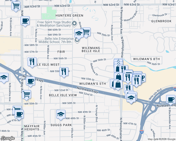 map of restaurants, bars, coffee shops, grocery stores, and more near 5513 North Billen Avenue in Oklahoma City