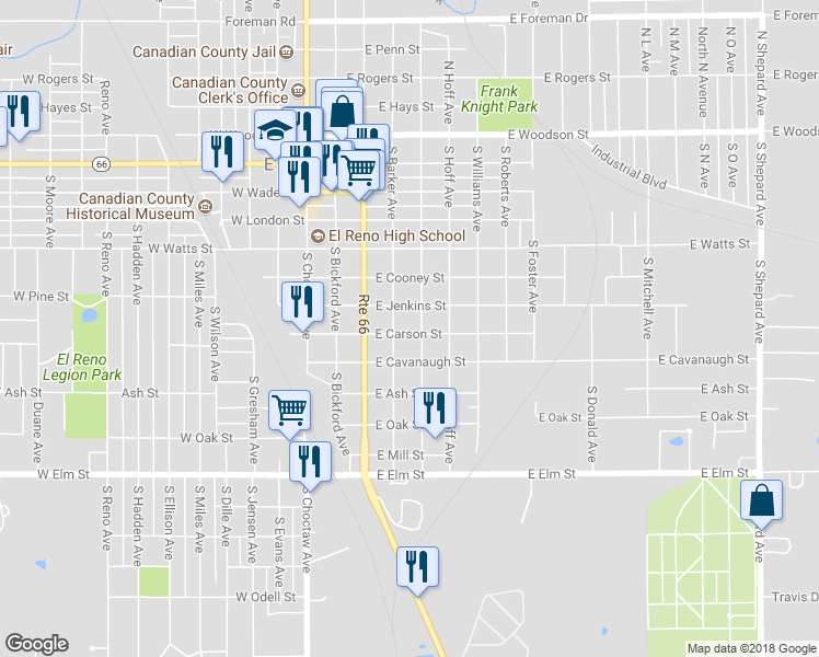 map of restaurants, bars, coffee shops, grocery stores, and more near 708 South Macomb Avenue in El Reno