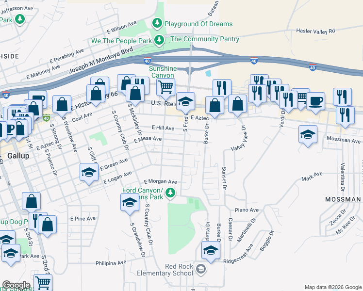 map of restaurants, bars, coffee shops, grocery stores, and more near 917-999 East Mesa Avenue in Gallup