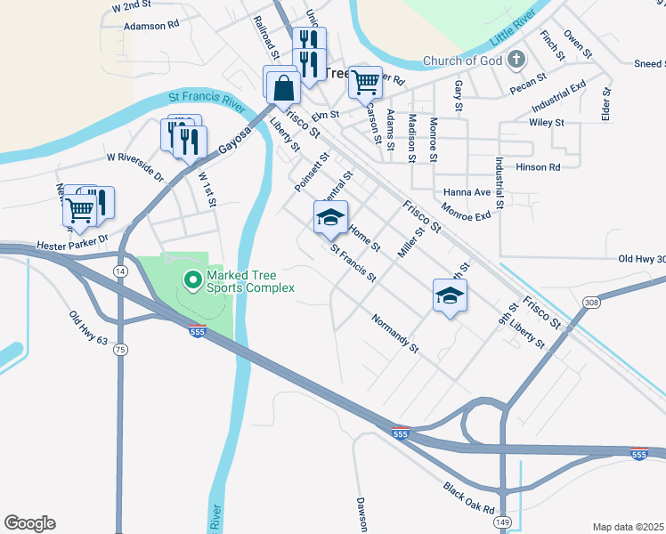map of restaurants, bars, coffee shops, grocery stores, and more near 406 Saint Francis Street in Marked Tree
