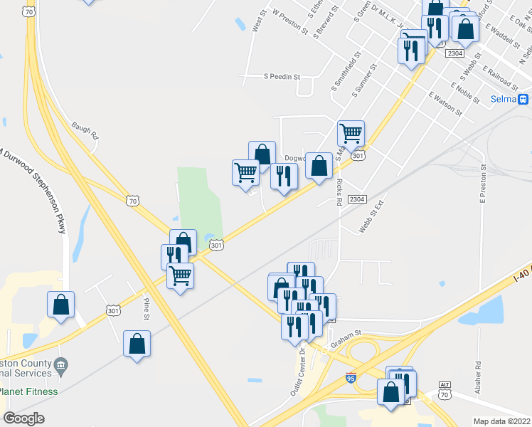 map of restaurants, bars, coffee shops, grocery stores, and more near 103 Blackstone Lane in Selma