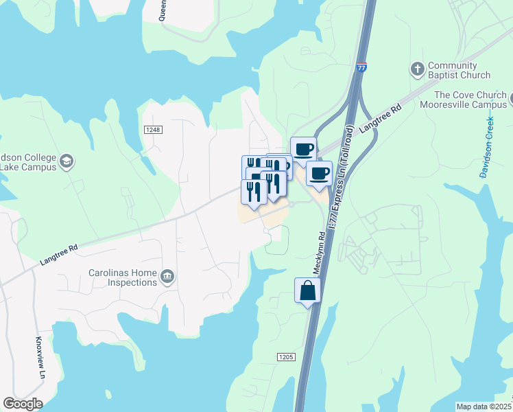 map of restaurants, bars, coffee shops, grocery stores, and more near Landings Drive in Mooresville