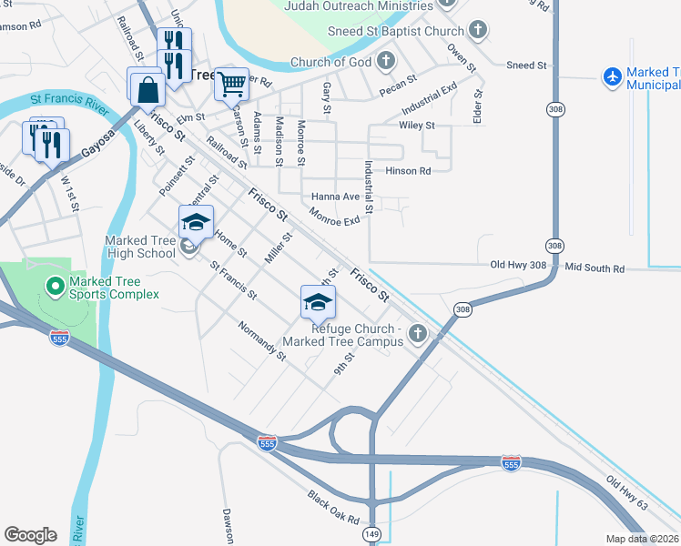 map of restaurants, bars, coffee shops, grocery stores, and more near 600-798 U.S. 63 Business in Marked Tree