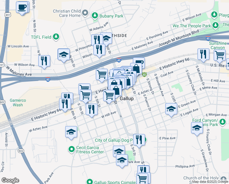 map of restaurants, bars, coffee shops, grocery stores, and more near 228 West Coal Avenue in Gallup
