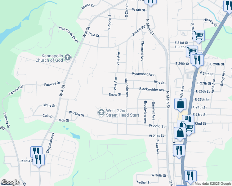 map of restaurants, bars, coffee shops, grocery stores, and more near 418 Snow Street in Kannapolis