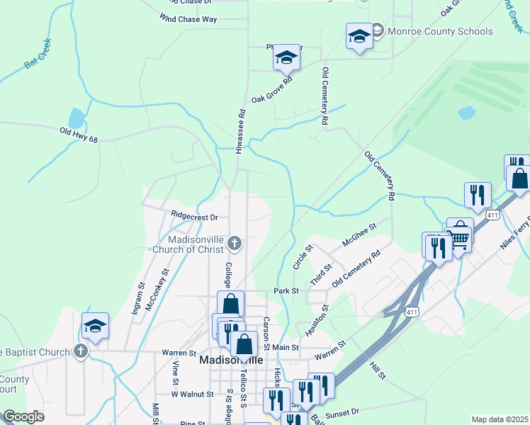 map of restaurants, bars, coffee shops, grocery stores, and more near 127 Oak Place Circle in Madisonville
