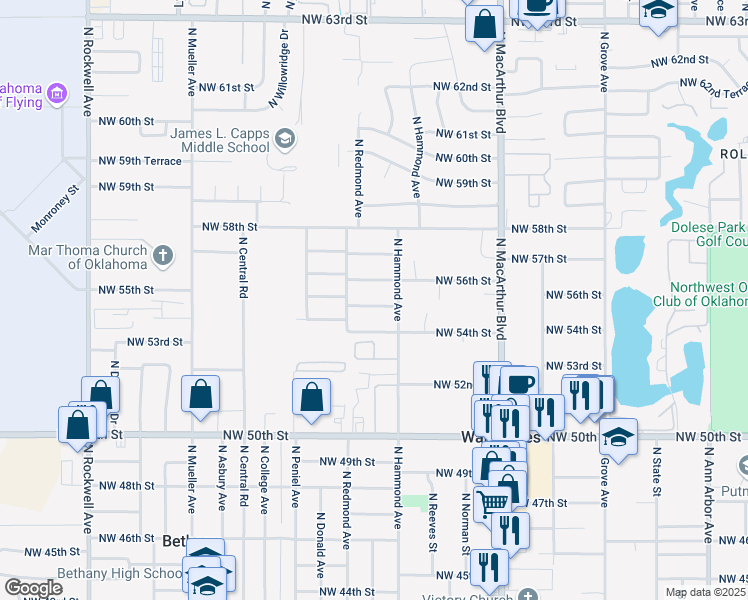 map of restaurants, bars, coffee shops, grocery stores, and more near 6017 Northwest 55th Street in Warr Acres