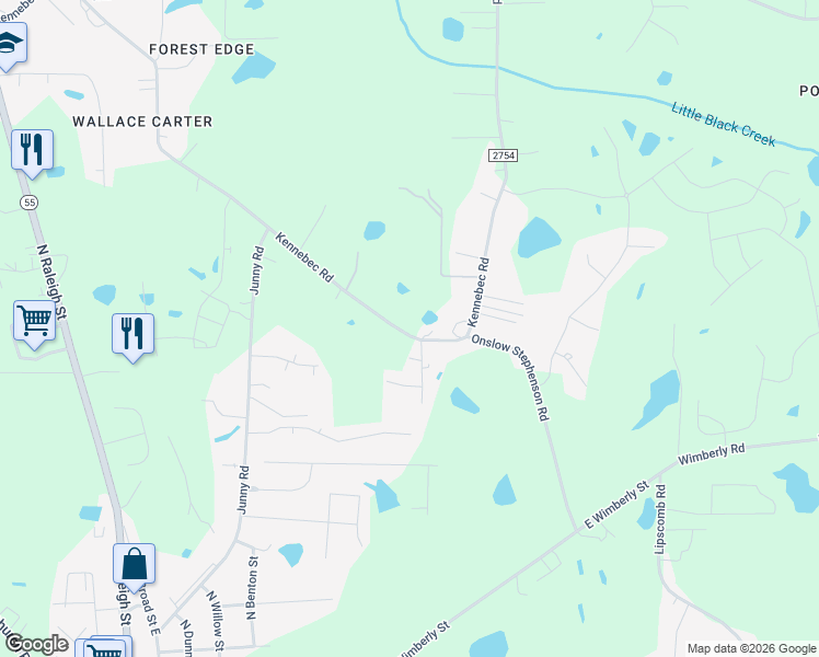 map of restaurants, bars, coffee shops, grocery stores, and more near 9620 Kennebec Road in Wake County