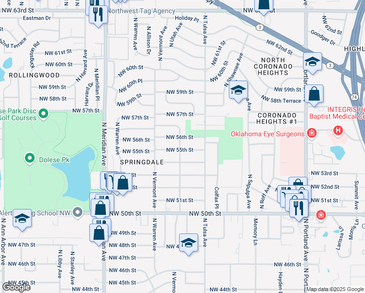 map of restaurants, bars, coffee shops, grocery stores, and more near 4136 Northwest 56th Street in Oklahoma City