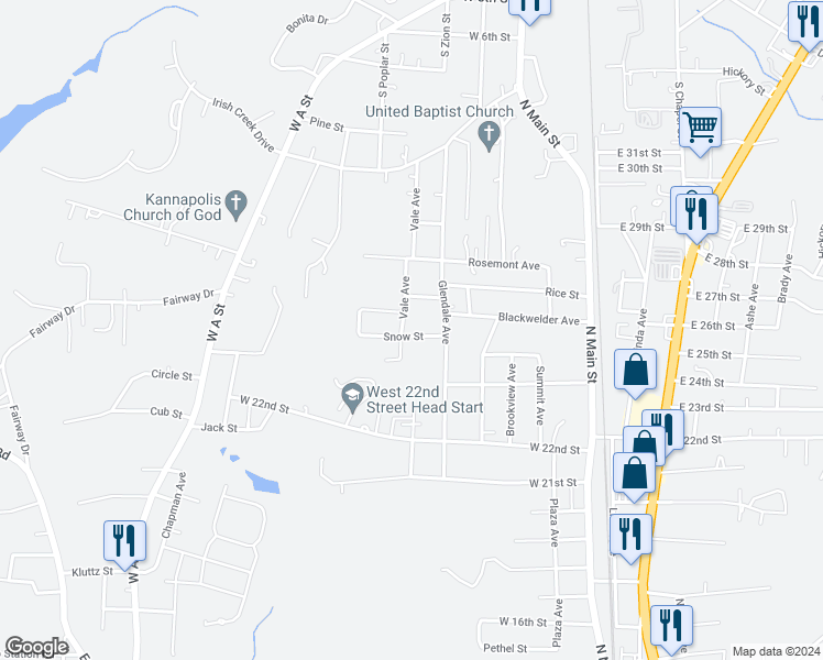 map of restaurants, bars, coffee shops, grocery stores, and more near 2505 Vale Avenue in Kannapolis