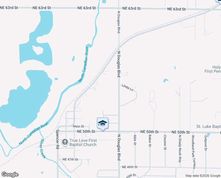 map of restaurants, bars, coffee shops, grocery stores, and more near 5503 North Douglas Boulevard in Spencer