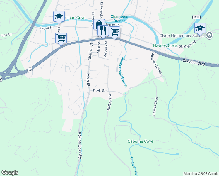 map of restaurants, bars, coffee shops, grocery stores, and more near 539 Mulberry Street in Clyde