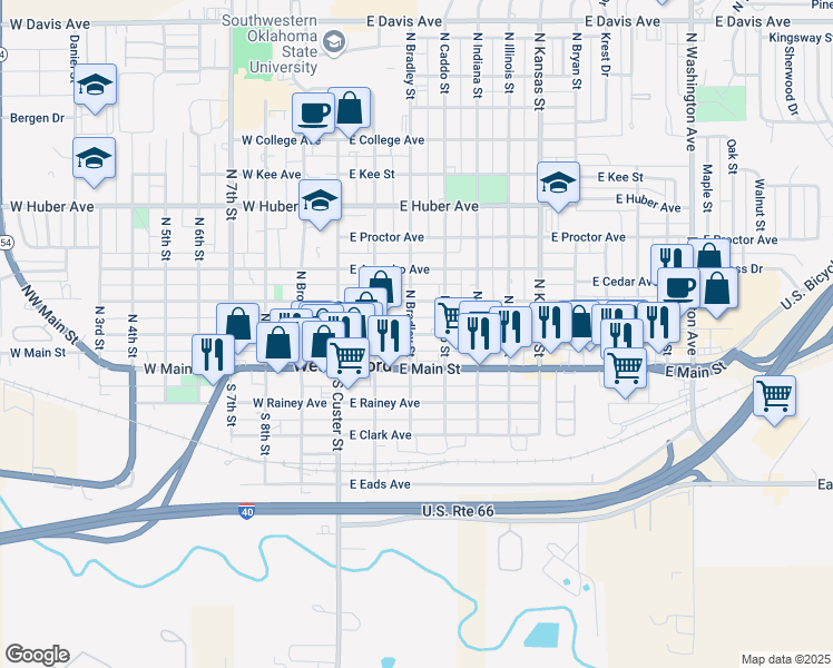 map of restaurants, bars, coffee shops, grocery stores, and more near 315 East Franklin Avenue in Weatherford