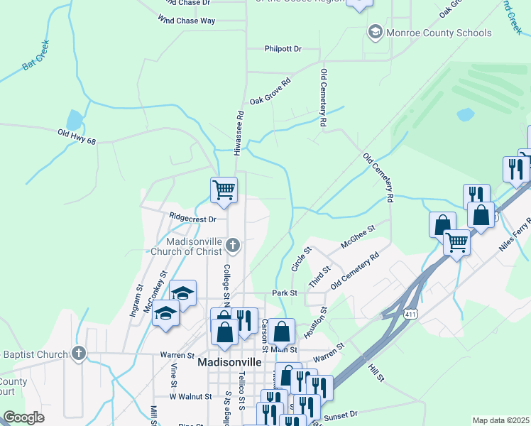 map of restaurants, bars, coffee shops, grocery stores, and more near 127 Oak Place Circle in Madisonville