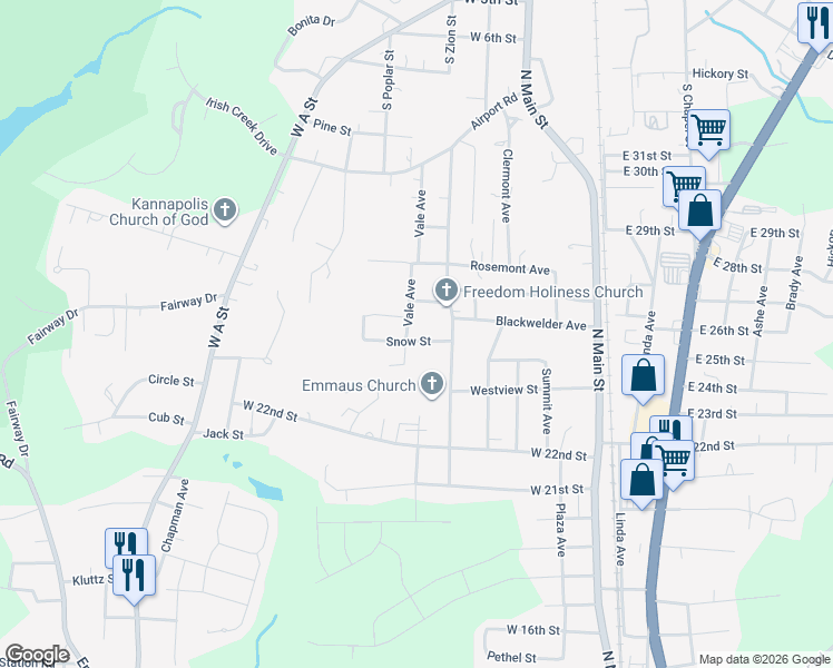 map of restaurants, bars, coffee shops, grocery stores, and more near 2505 Vale Avenue in Kannapolis