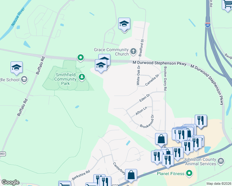map of restaurants, bars, coffee shops, grocery stores, and more near 60 White Oak Drive in Smithfield