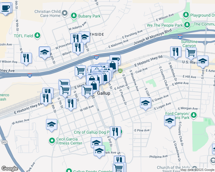 map of restaurants, bars, coffee shops, grocery stores, and more near 205 West Coal Avenue in Gallup